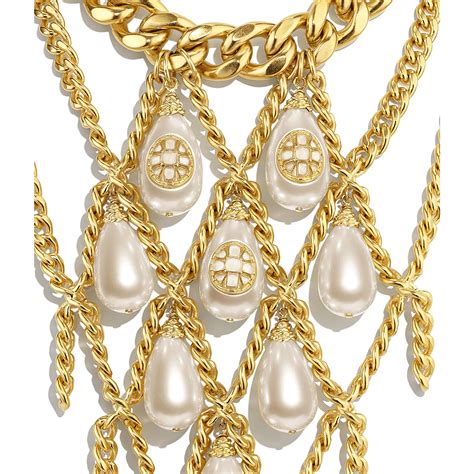 gold pearly white crystal chanel|Necklace .